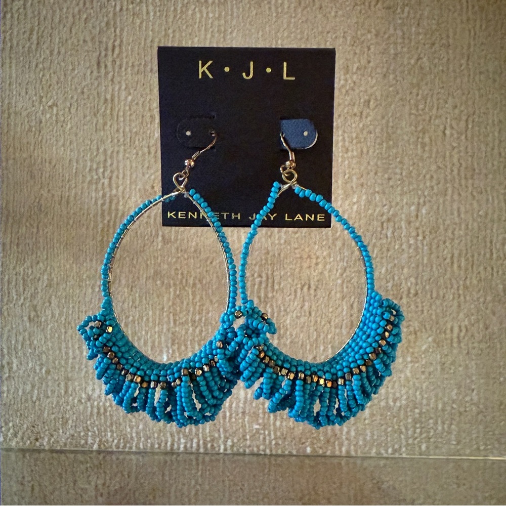 Kenneth Jay Lane Turquoise Beaded Fringe Earrings NWT
